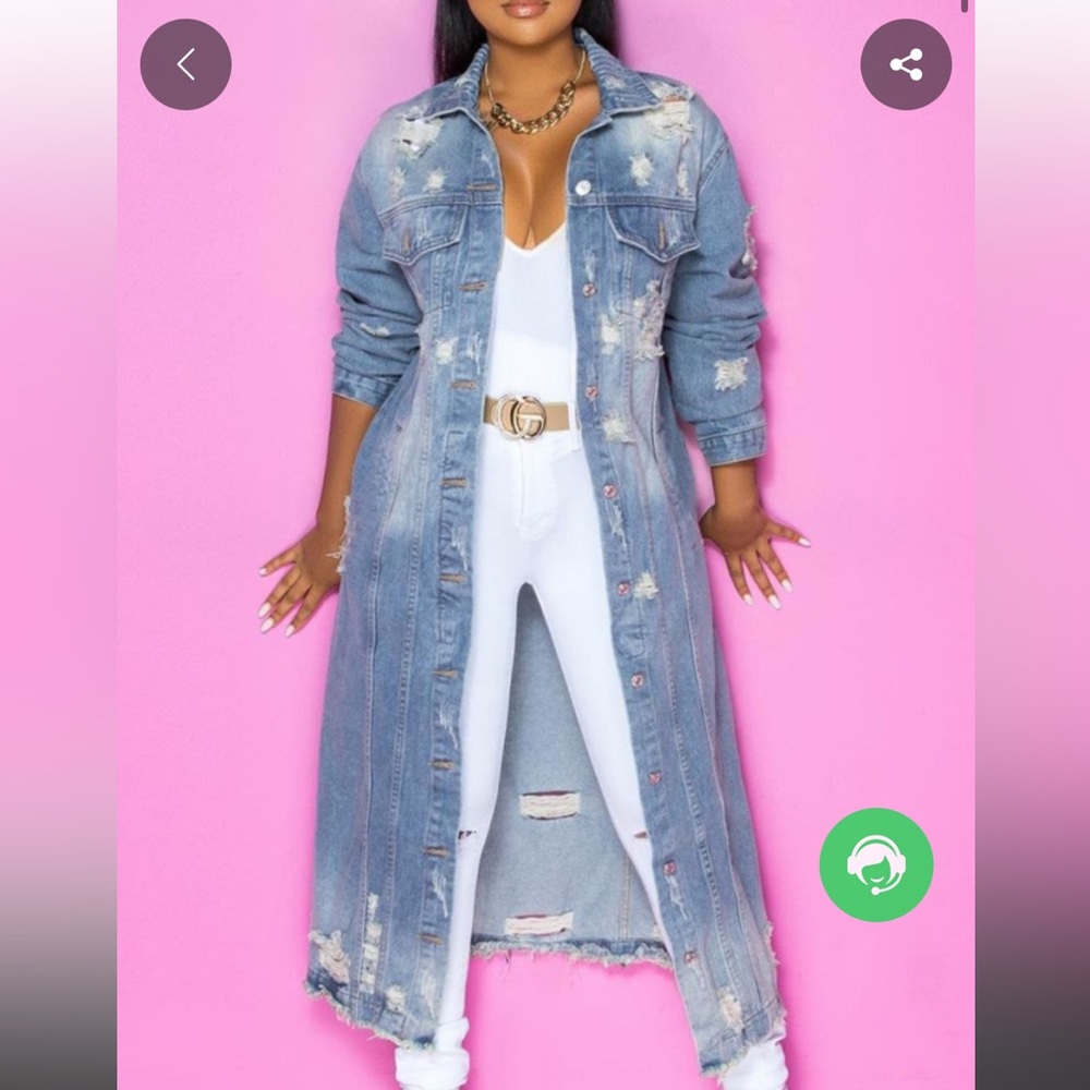 XPLUS WEAR long denim, distressed, light, wash long jean coat